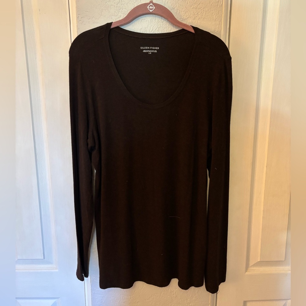 Eileen Fisher Brown Long Sleeve Jersey Scoop Neck Tee Size Large